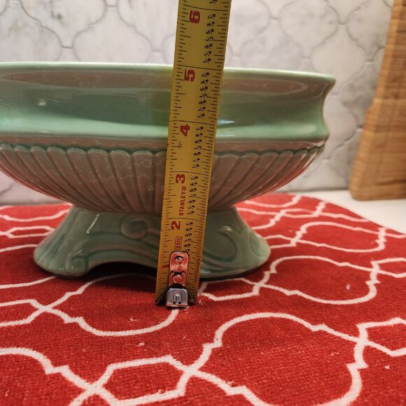 Green Ceramic Glazed Footed Planter Fruit Bowl MCM 1960s Oval Swirled Base Large - Picture 6 of 10